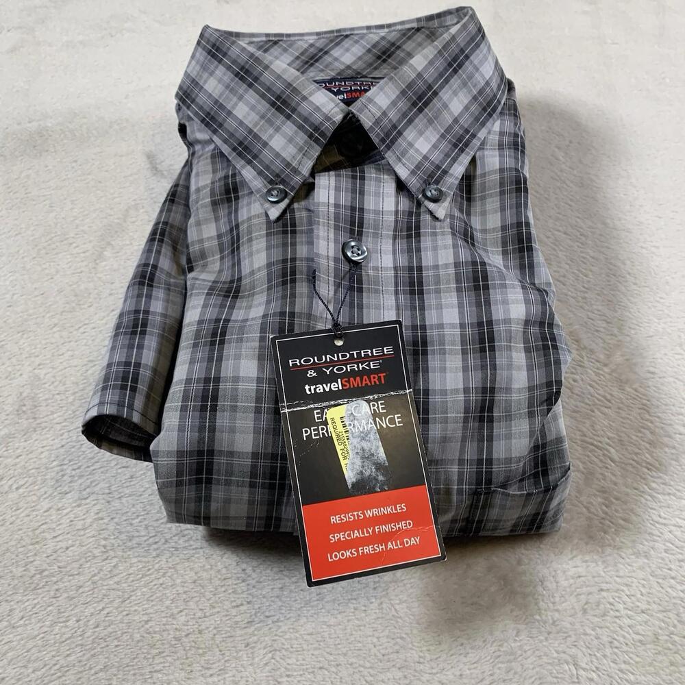 ROUNDTREE & YORKE Shirt Mens Medium Gray Button Down Easy Care‎ Performance NEW
